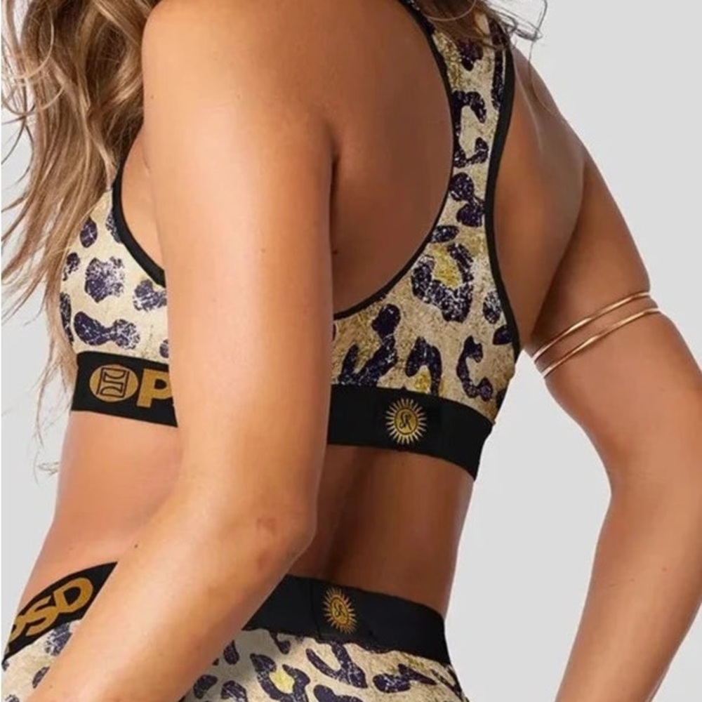 PSD Animal Print Sports Bra with Black and Gold Accents - Picture 2 of 8